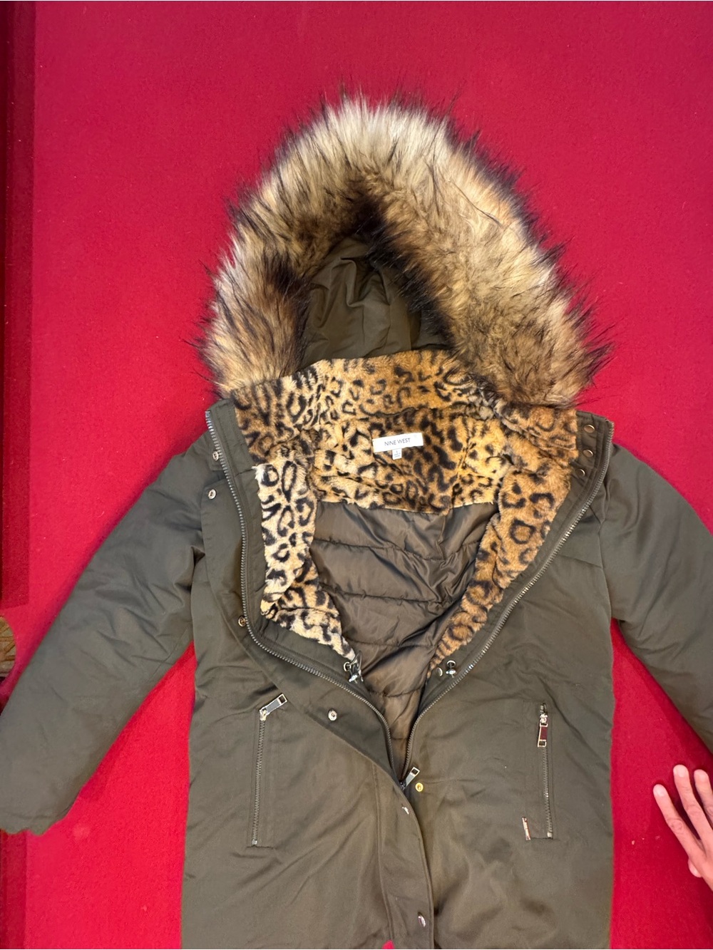 Nine West Cold Weather Parka In Olive Green With Faux Fur Leopard Lining Size L